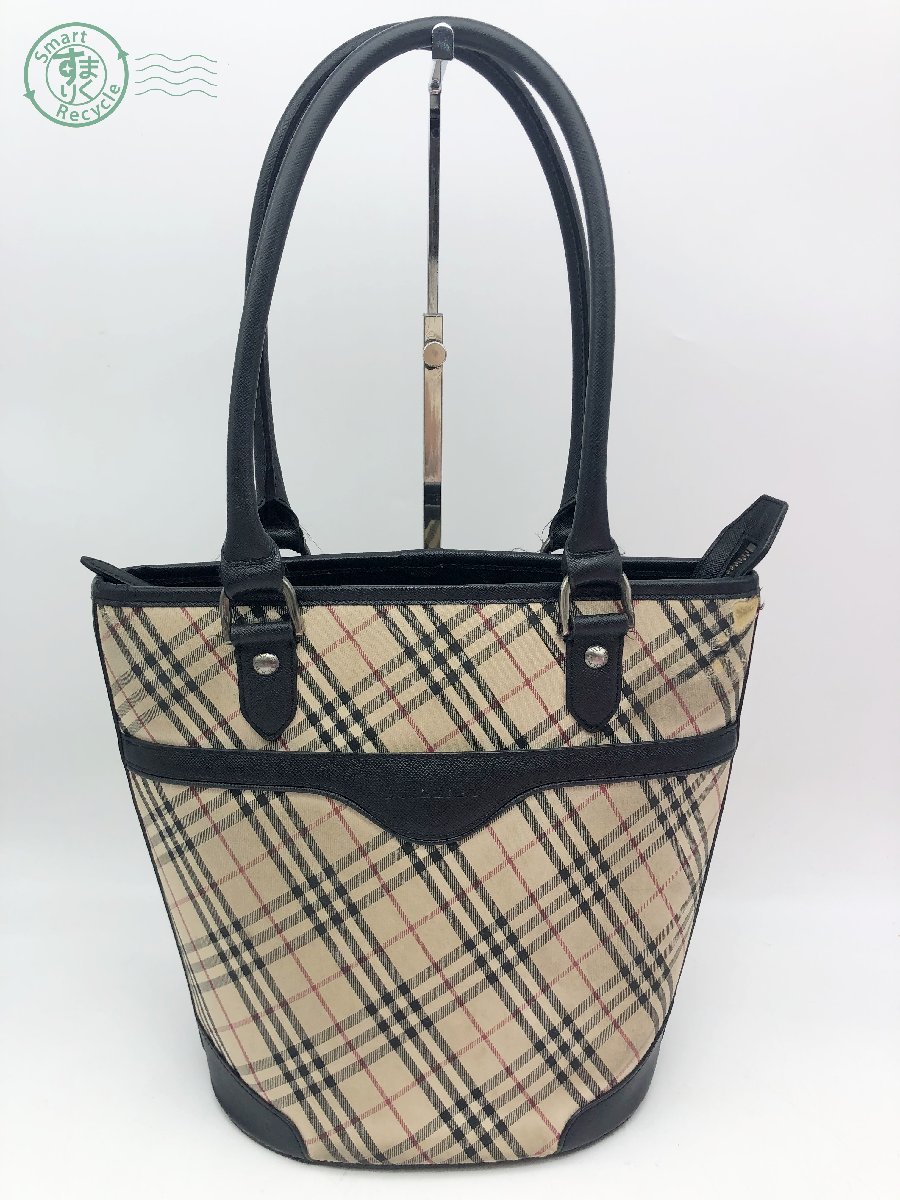 11652140　▽ BURBERRY バーバリー トートバッグ ノバチェック 肩掛け シルバー金具 バケツ型 レザー PVC 黒 ブラック ベージュ 中古品_画像1