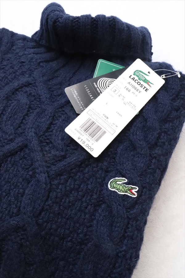 未使用 LACOSTE ラコステ 文字ラコ メンズ ケーブルニット セーター ケーブル編み タートルネックセーター 3 M 紺色 ヴィンテージ_画像2