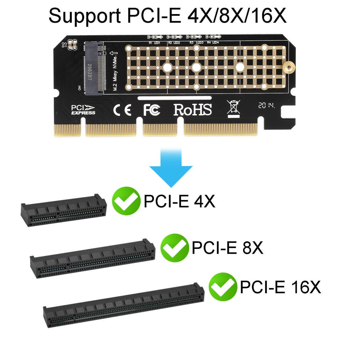 新品即決■送料無料 JMT LED付きM.2 NVMe SSD NGFF - PCIE 3.0 X16アダプター Mキー ライザーカード拡張PCI Express X4 X8 X16 2230-2280_画像3