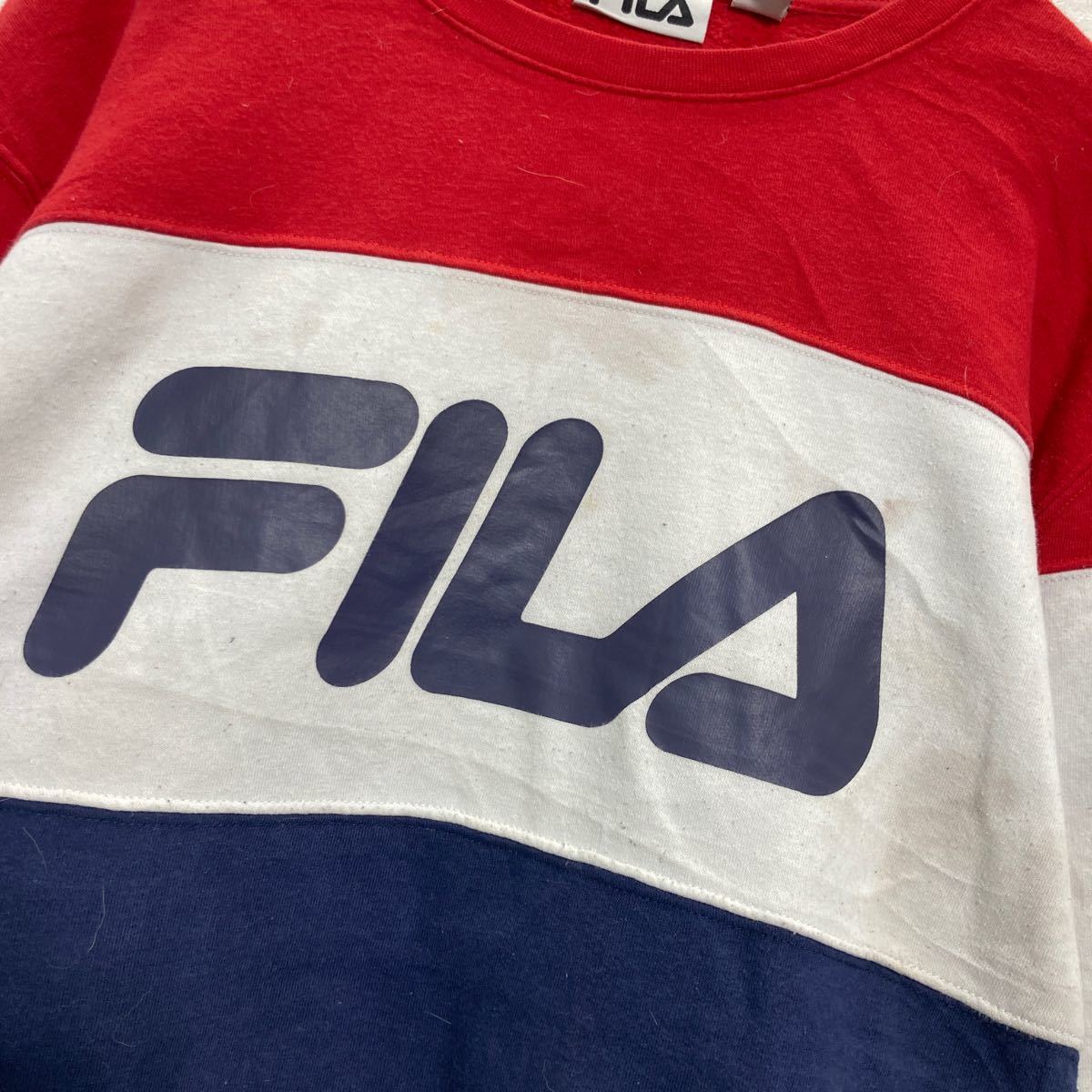 中古 古着 FILA プリント スウェット トレーナー XL ホワイト レッド ネイビー フィラ 裏起毛 ビッグサイズ 古着卸 アメリカ仕入 a511-5512_画像6