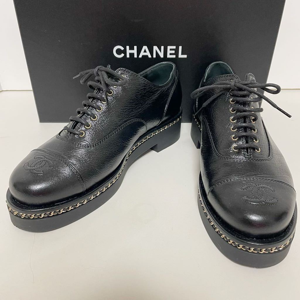 即決★CHANEL シャネル ソールチェーン ロゴ ココマーク レースアップシューズ レディース ブラック 37 1/2 24cm 超美品 レザー_画像1