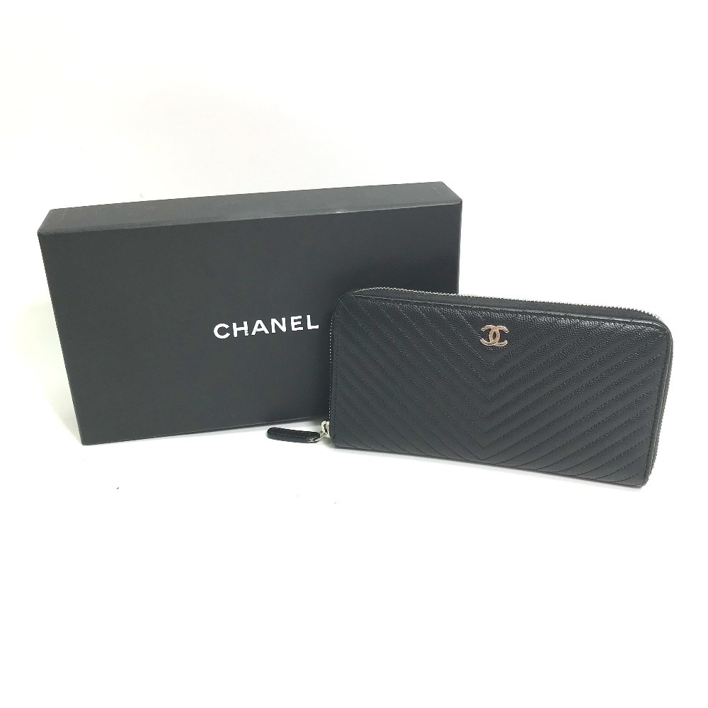 CHANEL シャネル A50097 Vステッチ キルティング ロングウォレット ラウンドファスナー CC ココマーク 長財布 ブラック レディース【中古】_画像2