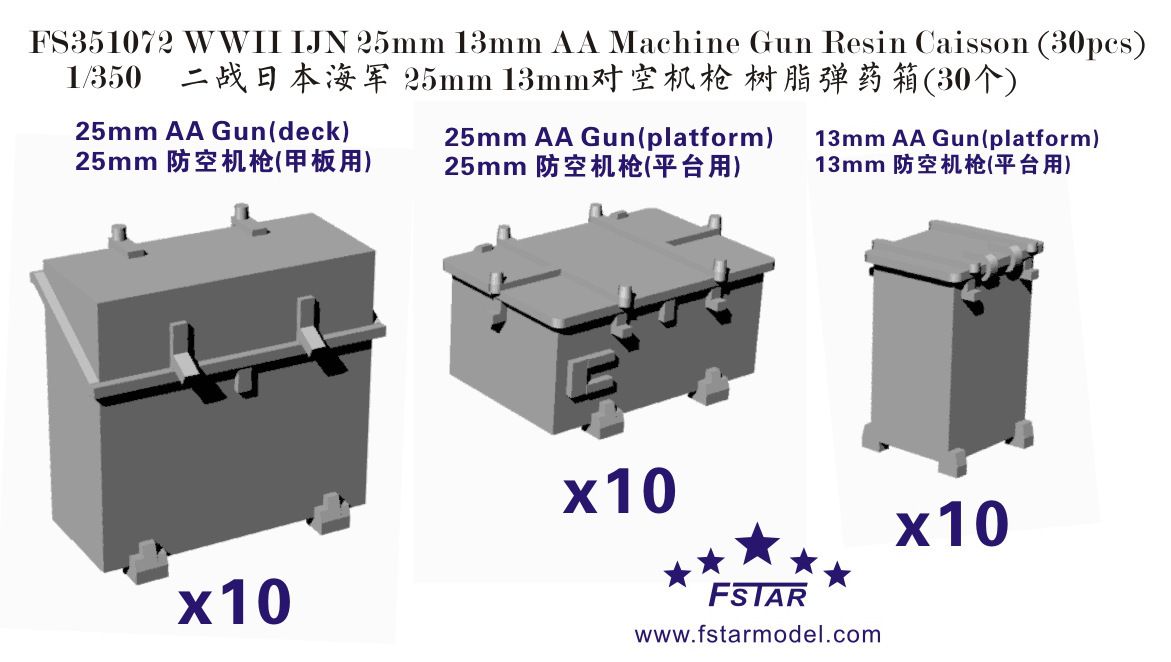 FS351072 1/350 WWII IJN 日本海軍 25mm&13mm対空機銃用弾薬箱 レジン製セット 30隻入_画像1