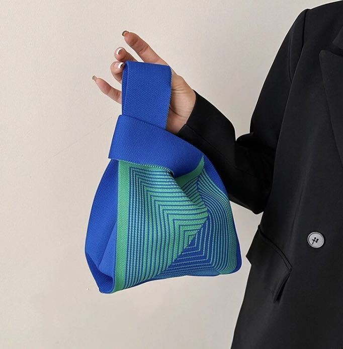 バイカラー　ニットバッグ　青×緑　ミニトート　ハンドバッグ　プレゼント　韓国 幾何学模様　ブルー　グリーン　_画像3