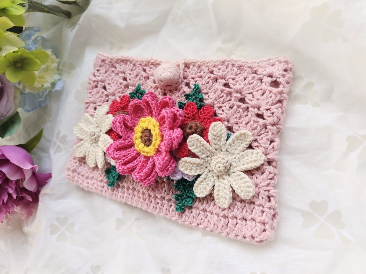 ◎Crochet　通帳入れ スマホ ケース 携帯 カバー 手編みポーチ　小物入れ　コットン　レース編み　ハンドメイド ５６◎_画像3