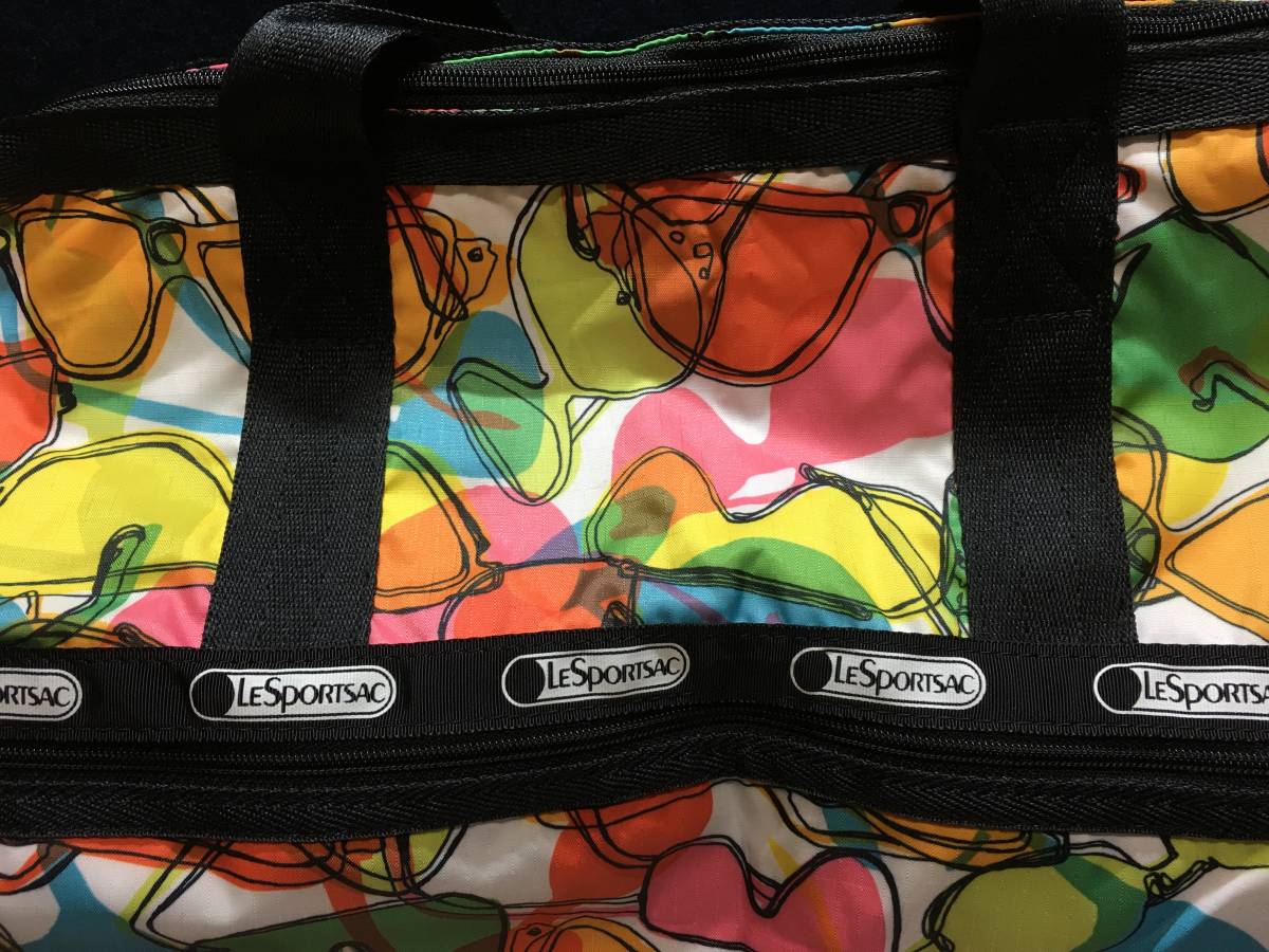 中古品 美品 LeSportsac レスポートサック 大き目 ボストンバッグ ショルダーバッグ 眼鏡柄 使用 浅目 ナイロンバッグ エコバッグ 斜め掛け_画像2