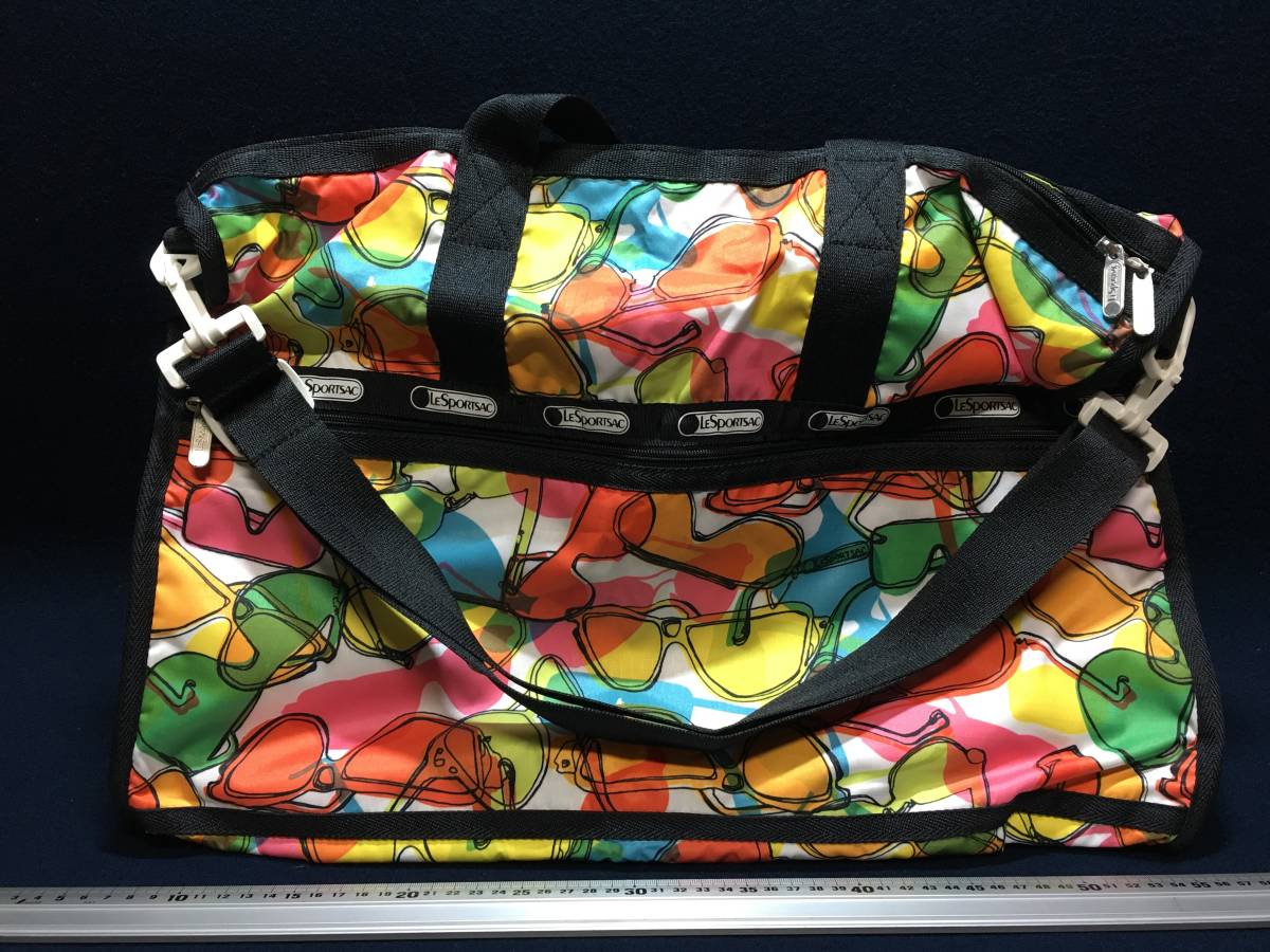 中古品 美品 LeSportsac レスポートサック 大き目 ボストンバッグ ショルダーバッグ 眼鏡柄 使用 浅目 ナイロンバッグ エコバッグ 斜め掛け_画像3