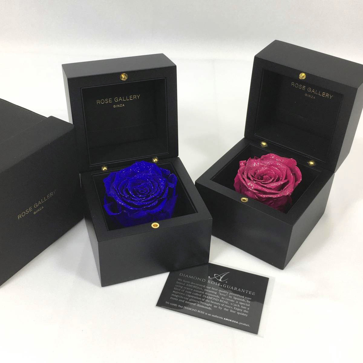 ローズギャラリー銀座 ダイヤモンドローズ ブルー ピンク ２点セット ケース入 薔薇 プリザーブドフラワー ROSE GALLERY GINZA_画像1