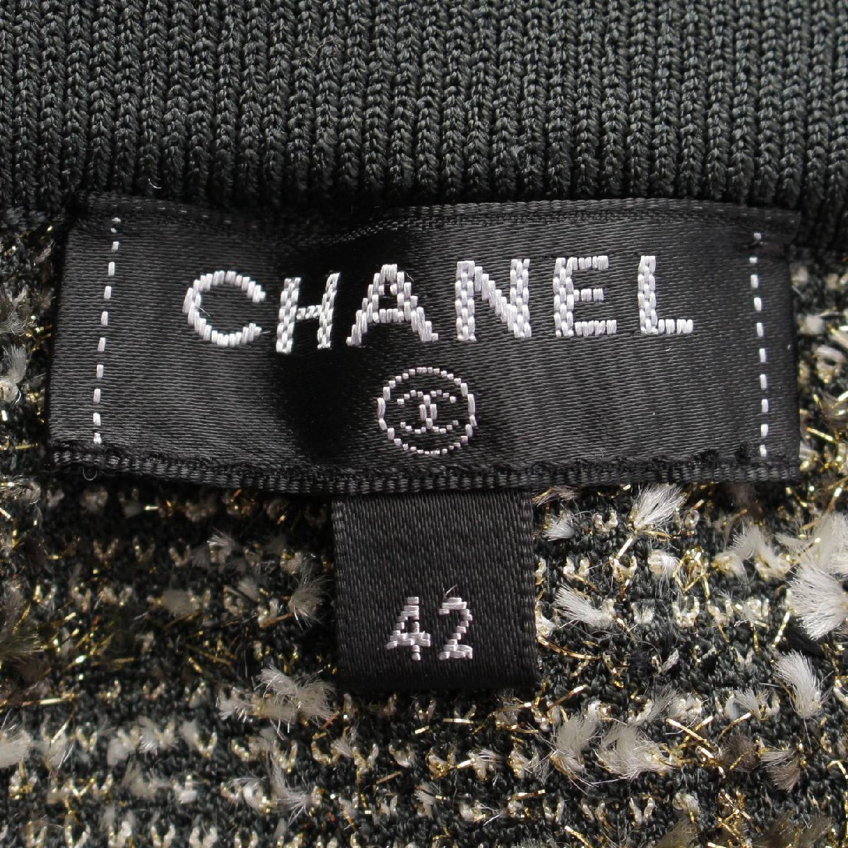 【シャネル】Chanel ニットフリンジ スリット ミニ スカート P58139 グリーン×ブラック×エクリュ 42 【中古】【正規品保証】193286