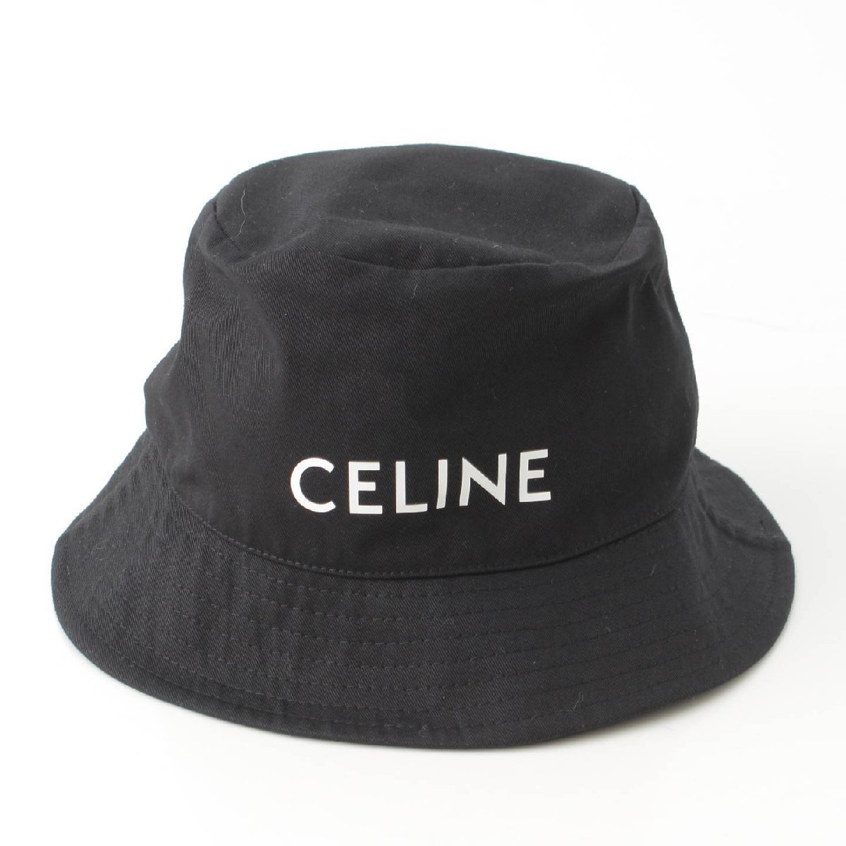 【セリーヌ】Celine　メンズ ロゴ コットン バケットハット 帽子 ブラック M 【中古】【正規品保証】189006
