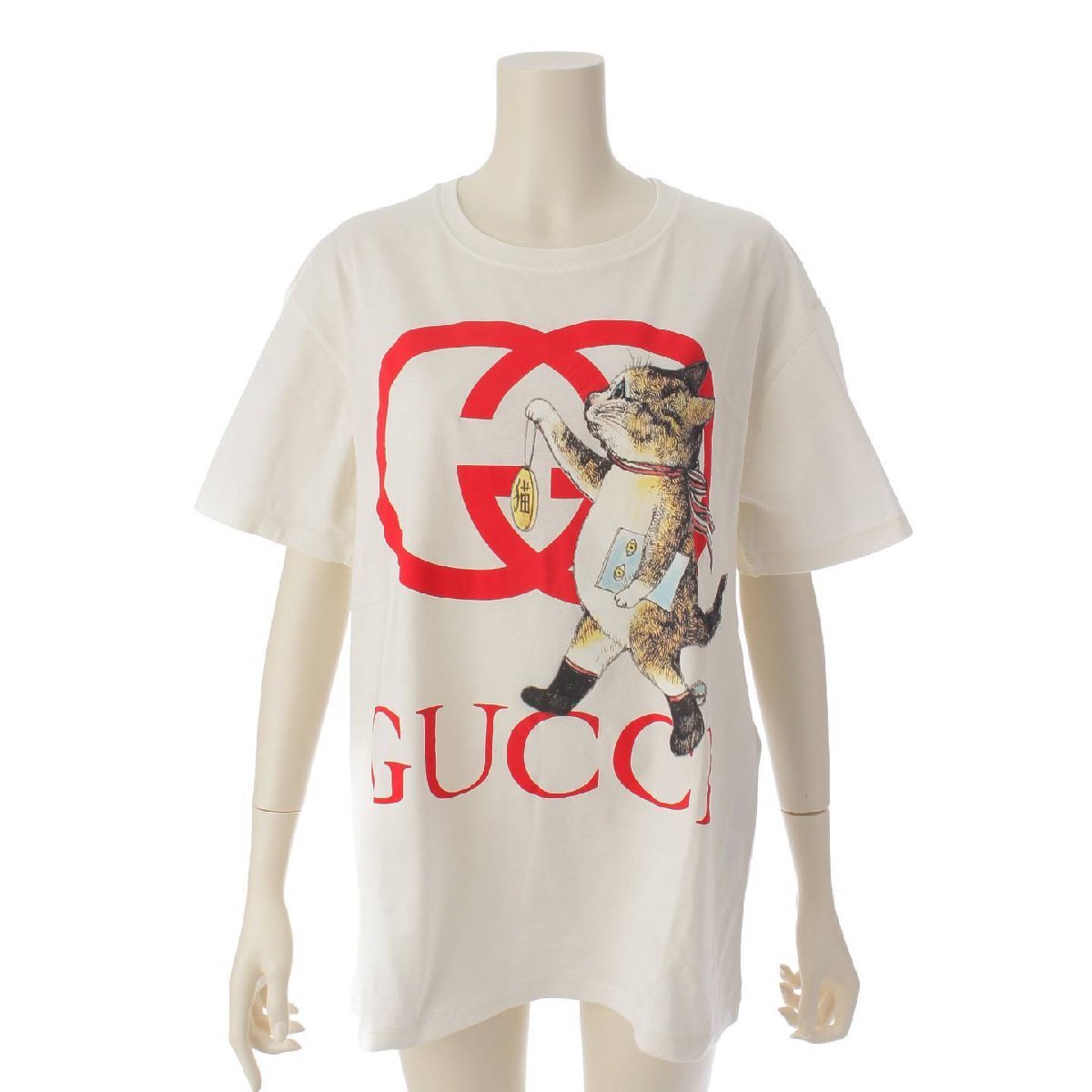 [ Gucci ]Gucci Higuchi Yoko Logo кошка принт короткий рукав футболка 615044 белый × красный S [ б/у ][ стандартный товар гарантия ]193864