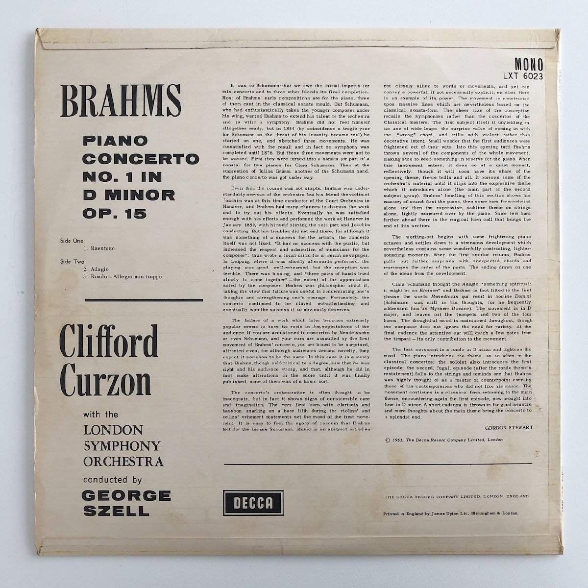 LP/ カーゾン、セル、ロンドン交響楽団 / ブラームス：ピアノ協奏曲第1番 / UK盤 オレンジ銀ラベル 深溝 MONO LXT6023 31129_画像2