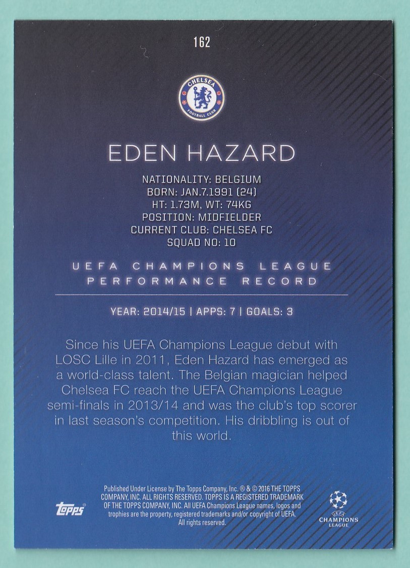 2016 Topps UEFA CHAMPIONS LEAGUE Showcase Football EDEN HAZARD（エデン・アザール）チェルシー 50枚_画像2