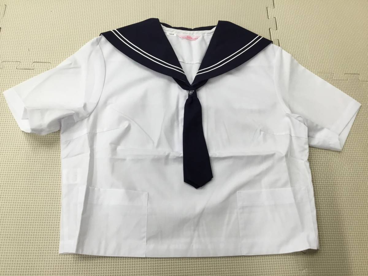 KK-S1102E 新品【山形県 天童第一中学校】女子制服 セーラー服 サイズ 160A/白x紺衿 2本ライン/半袖/タイ付き/校章/女子中学生/コスプレの画像1