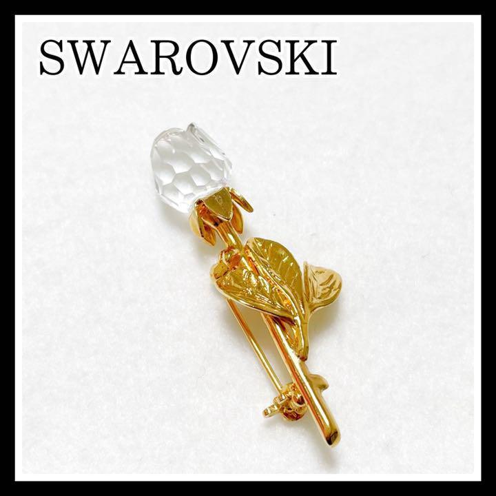 【未使用】 スワロフスキー SWAROVSKI ブローチ 花 バラ コサージュ ゴールド_画像1