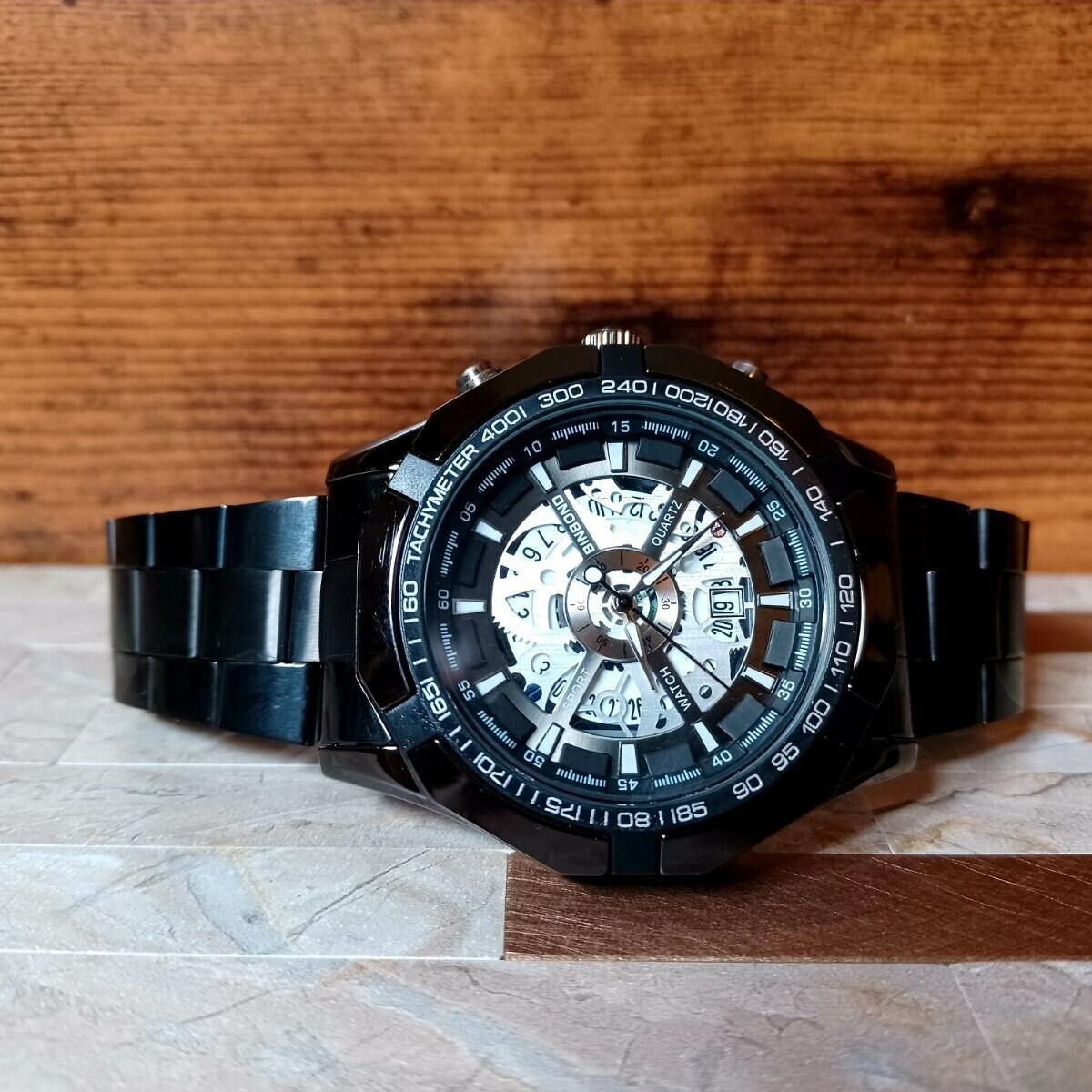 BINBOND 新品 カレンダー機能付き★スケルトン ラグジュアリー ステンレス メンズ腕時計 黒