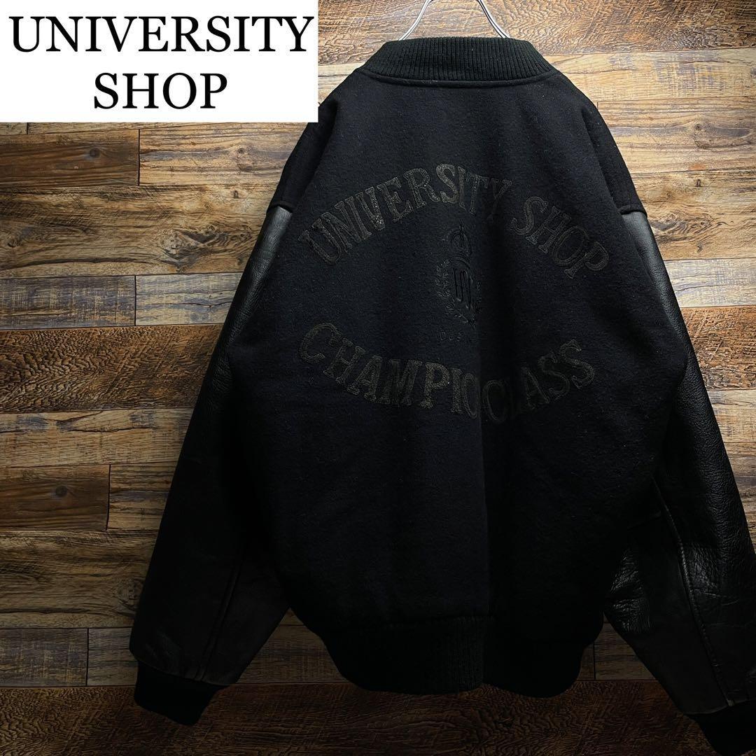 UNIVERSITY SHOP スタジャン 本革 袖レザー 袖革 黒 ブラック 刺繍