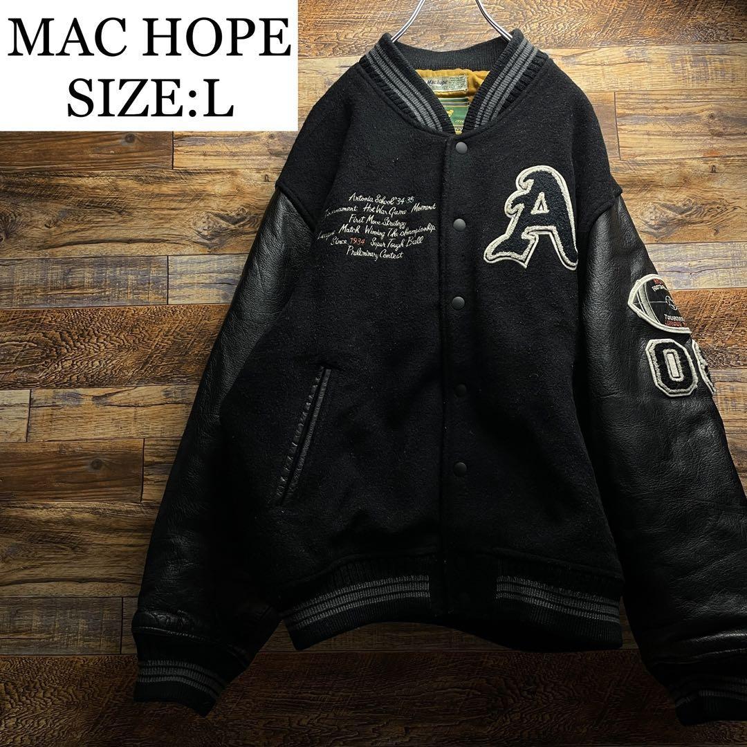 MAC HOPE マックホープ レタードスタジャン 本革 袖レザー 袖革 黒 ブラック l 刺繍 古着 ワッペン メンズ オーバーサイズ オールブラック