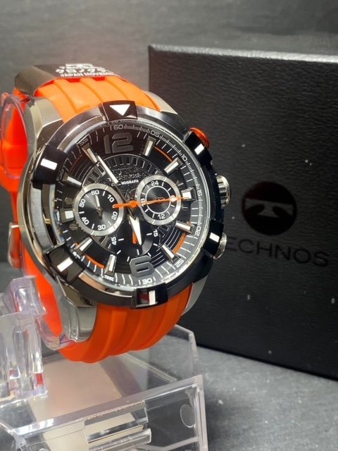 新品 TECHNOS テクノス 正規品 ラバーベルト クロノグラフ クォーツ アナログ腕時計 多機能腕時計 10気圧防水 オレンジ ビックフェイス_画像4