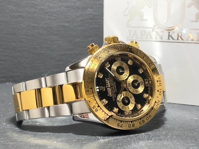天然ダイヤモンド付き 新品 JAPAN KRAFT ジャパンクラフト 腕時計 正規品 クロノグラフ コスモグラフ 自動巻き 機械式 ゴールド ブラック_画像6