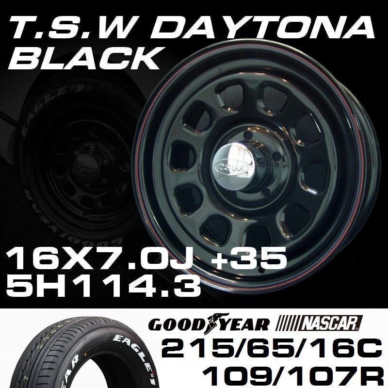 デイトナ 16インチ タイヤホイールセット 4本 TSW DAYTONA ブラック 16X7J+35 5穴114.3 GOODYEAR ナスカー 215/65R16C_画像2