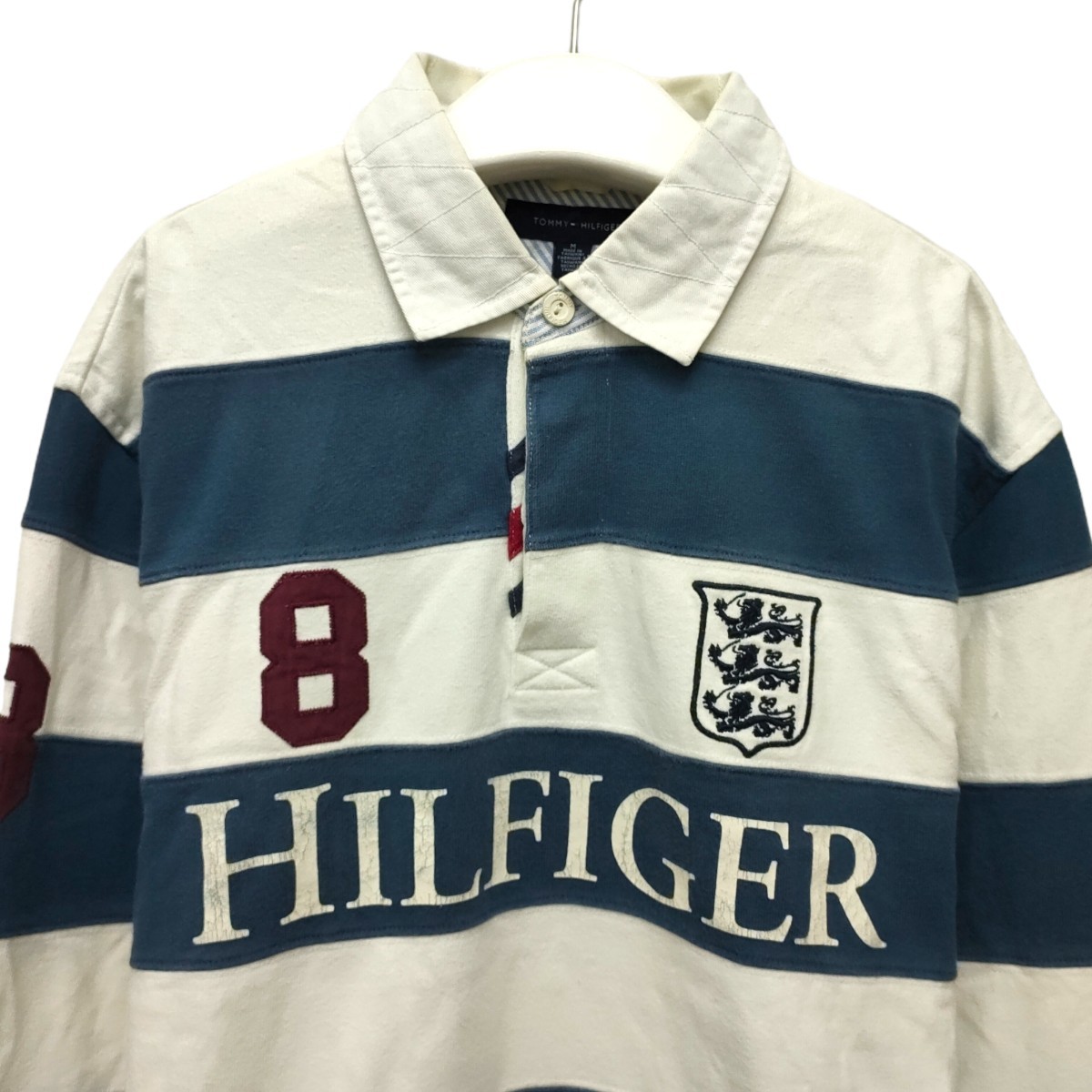 TOMMY HILFIGER / トミーヒルフィガー メンズ 長袖 ラガーシャツ ポロシャツ ボーダー ホワイト×ブルー Mサイズ I-3202_画像2