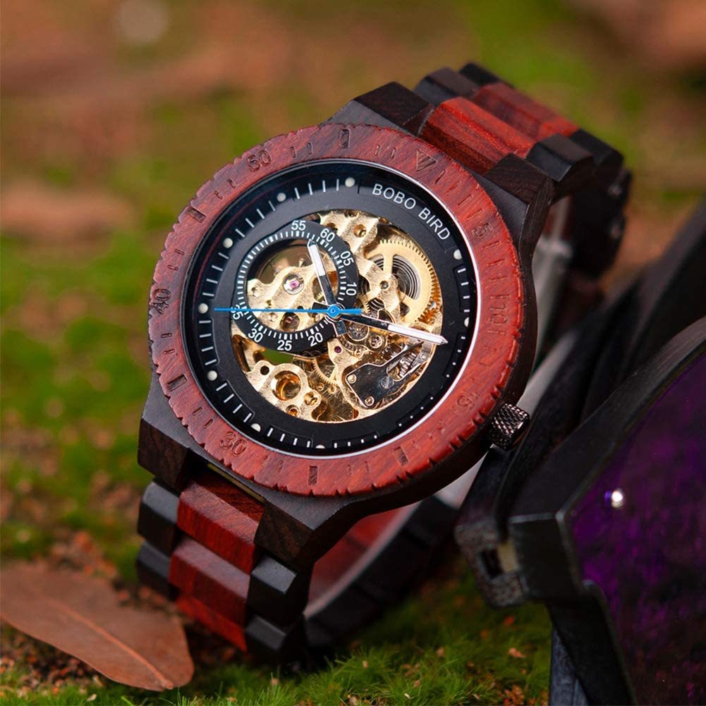 洋風デザイン ウッドウォッチ ブラウン 自動巻き メンズ オシャレ 天然木 木製 ウォッチ アンティーク カジュアル ウッド 男性 腕時計