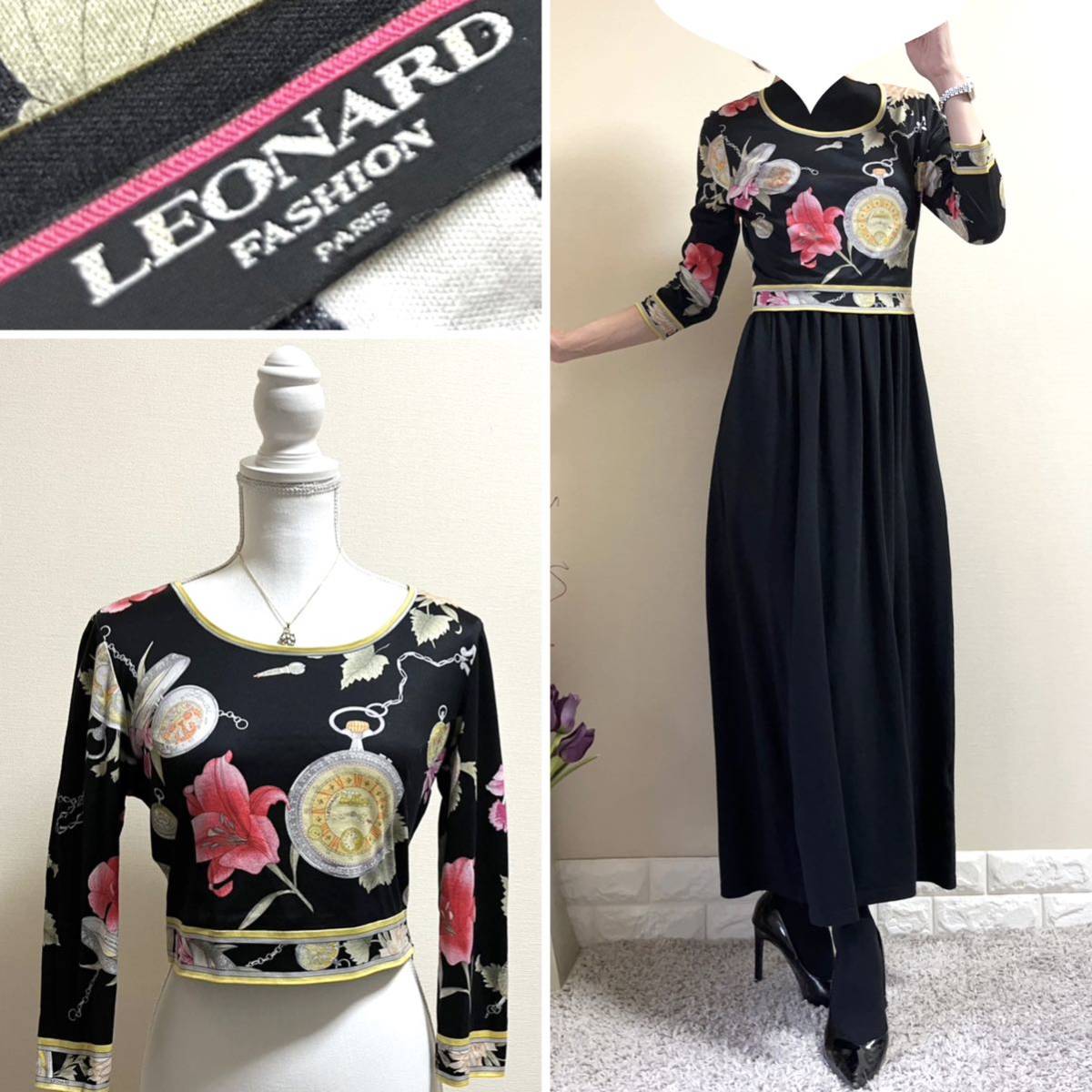 希少！レオナール　LEONARD 七分袖　カットソー　クロップド丈　黒　M向け