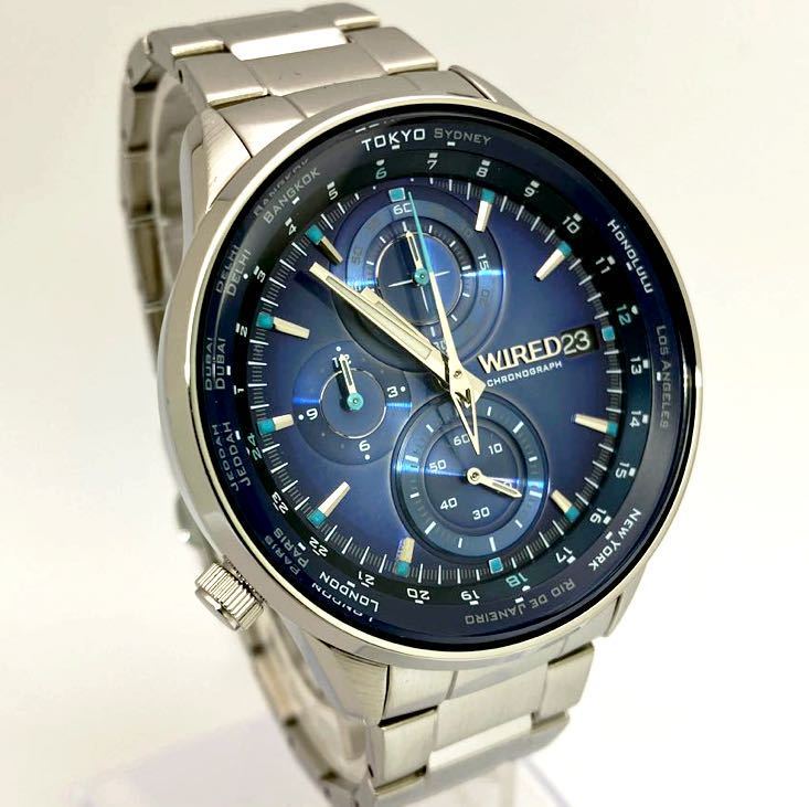 美品☆電池新品☆送料込☆セイコー SEIKO ワイアード WIRED クロノグラフ メンズ腕時計 TOKYO SORA 東京ソラ ブルー VK67-KBD0 AGAW449_画像5