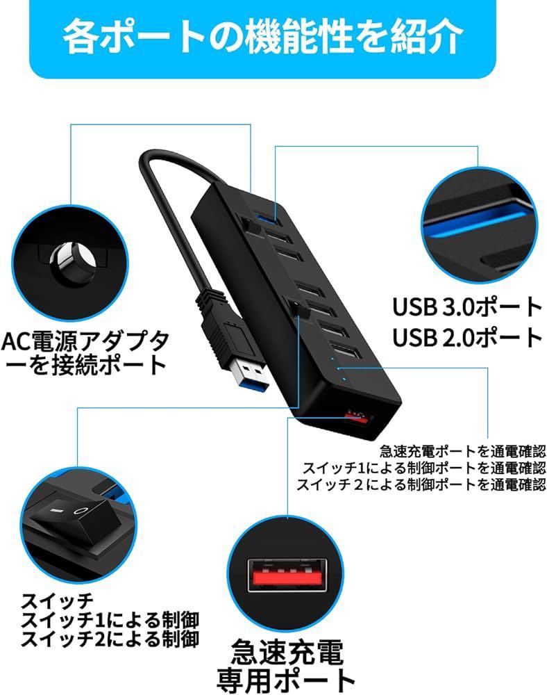 USBハブ HUB3.0 USB8ポート USB3.0ポート USB2.06ポート 急速充電専用ポート USB AC変換アダプター付属 独立スイッチ (8 in 1) に変換A28_画像2