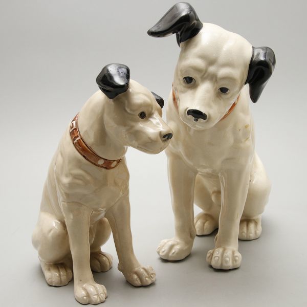 PE906.陶製 ビクター ニッパー犬 陶器人形 高さ24ｃｍ・30ｃｍ 二点まとめて/置物 インテリア レトロ_画像1