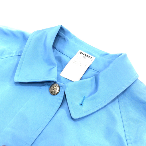 シャネル サイズ 38 長袖 コート ココボタン SV金具 シルク 100% レディース アウター ブルー ハンガー付 CHANEL_画像3