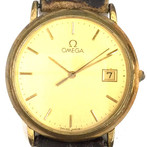 オメガ デビル デイト クォーツ 腕時計 ゴールドカラー文字盤 ラウンドフェイス 未稼働品 社外ベルト ブランド小物_画像1