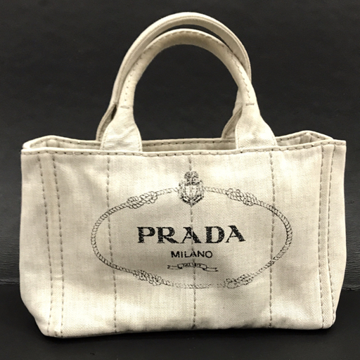 プラダ デニム カナパ ハンドバッグ トートバッグ ホワイト系 ロゴ 三角プレート ファッション小物 レディース PRADA_画像1