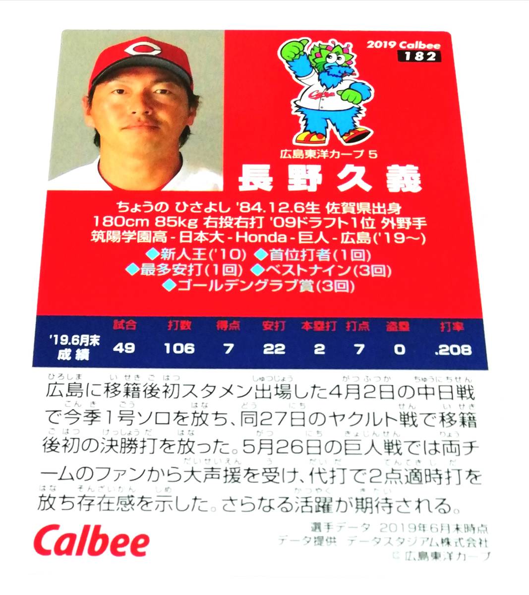 2019　第3弾　長野久義　広島東洋カープ　レギュラーカード　【182】 ★ カルビープロ野球チップス_画像2