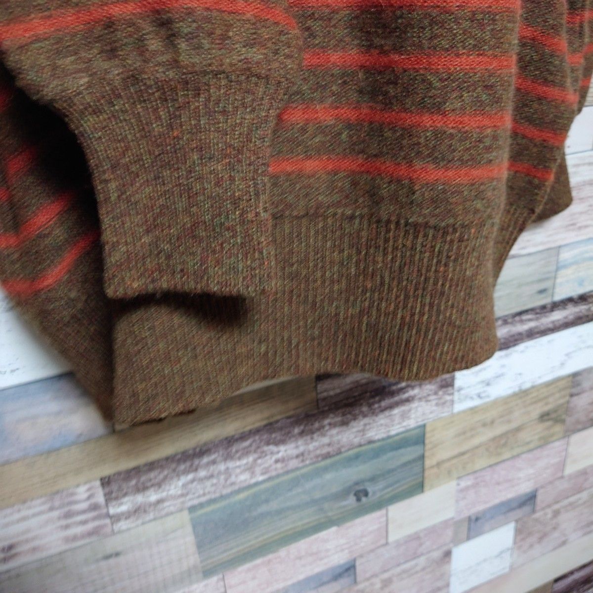 美品【LINEAR】ワールド　ウールセーター　ブラウン　ウール　セーター　刺繍 古着 クルーネック 柄　オーバーサイズ