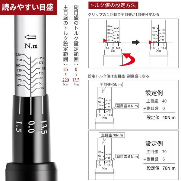 1円~プレセット型 トルクレンチ 12.7mm(1/2インチ) 25-220N・m 17/19/21mmソケット セット 両回転可能 タイヤ交換 一年保証 NLB-12BK_画像5