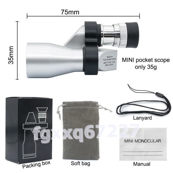 GQ087:* great popularity * camp travel high King for Mini 8X20mm silver monocle scope optics monocle telescope green coating was done outdoors monocle 