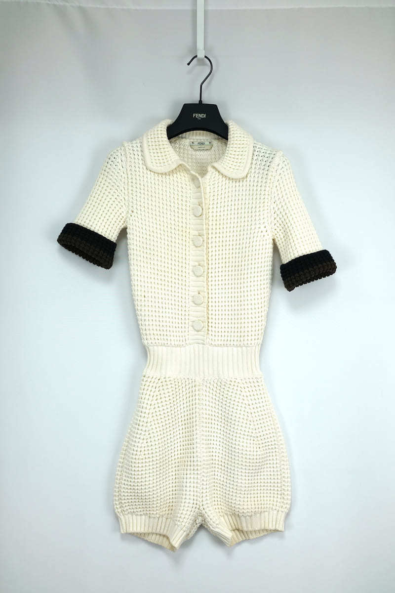 中古 21SS FENDI Knitted Short-sleeve Romper In White フェンディ ニット ジャンプスーツ ホワイト サイズ36_画像1