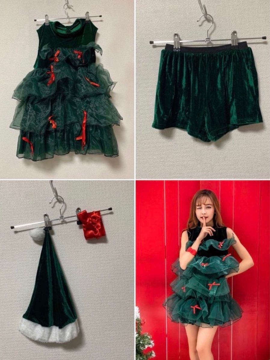 早特クリスマスツリー ノースリ ワンピース 緑 大人 綺麗 新品未使用 美品 グリーン リボン 赤 ミニワンピース