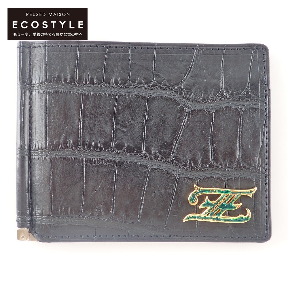 ZELE-PARIS ゼルパリ クロコダイル マネークリップ 二つ折り財布（小銭入れなし） ブラック メンズ