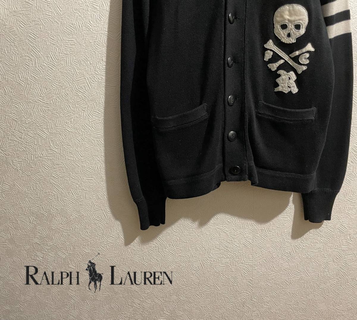 ◯ Ralph Lauren RUGBY スカル ワッペン コットン ニット カーディガン / ラルフローレン ドクロ レタード ブラック S Mens #Sirchive