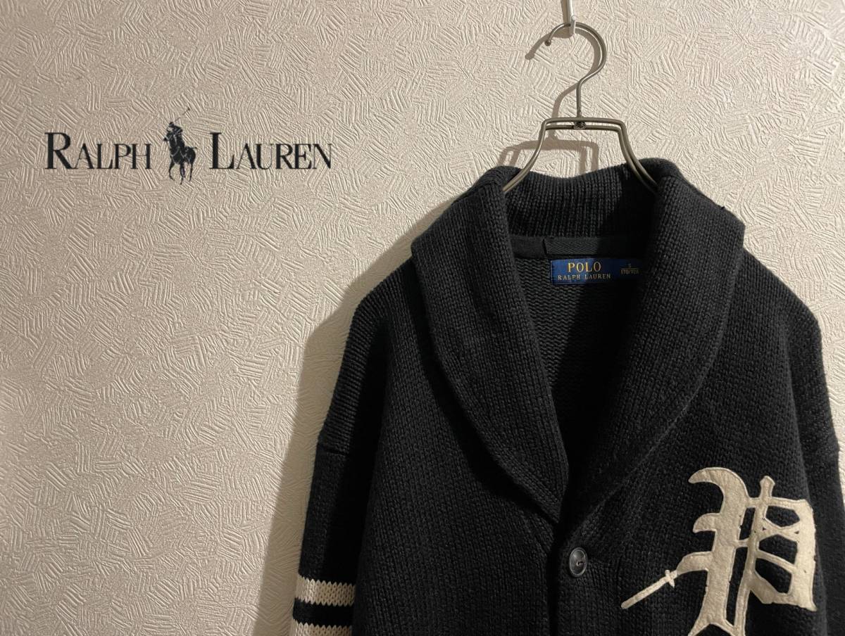 ◯ Ralph Lauren レタード ショールカラー カーディガン / ラルフローレン ワッペン コットン レザー エルボーパッチ 黒 S Mens #Sirchive