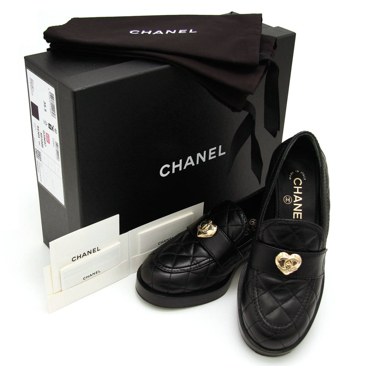 中古美品 シャネル ローファー ハートターンロック マトラッセ 35 1/2C 23C G39697 ブラック CHANEL ゴールド金具 イタリア製  靴 黒 金