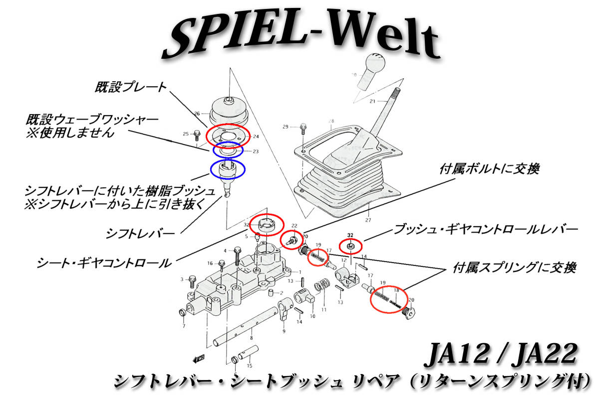 ジムニー【シフトレバーリペア】JA12C/JA12V/JA12W/JA22W■【リターンスプリング&ブッシュ付属】_シフトレバー部　部品構成図