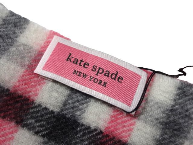 新品未使用 ケイトスペード ニューヨーク kate spade NEW YORK マフラー ラバープリント チェック柄 カシミヤ100％ ブラック×ピンク
