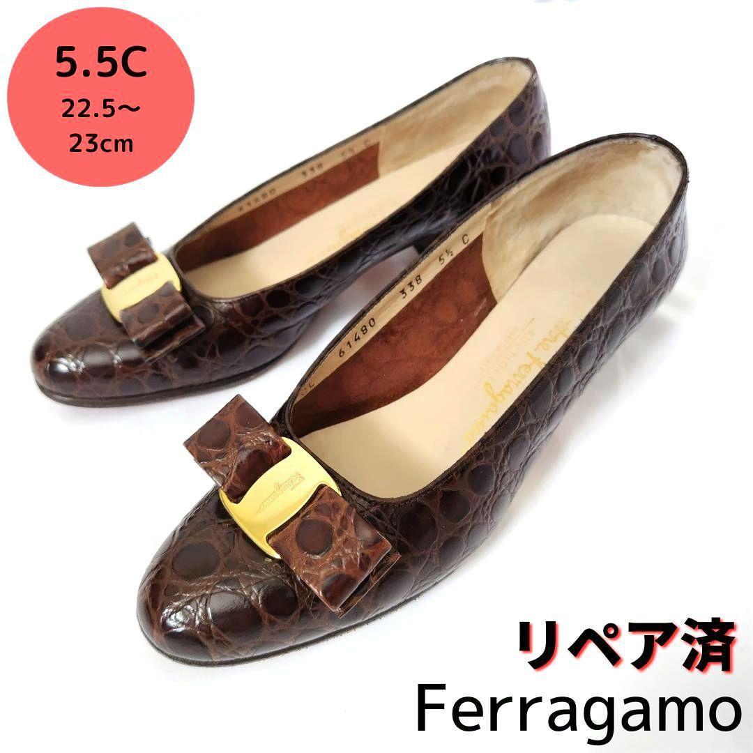 良品フェラガモ【Ferragamo】ヴァラ クロコ型押し パンプス 濃茶_画像1