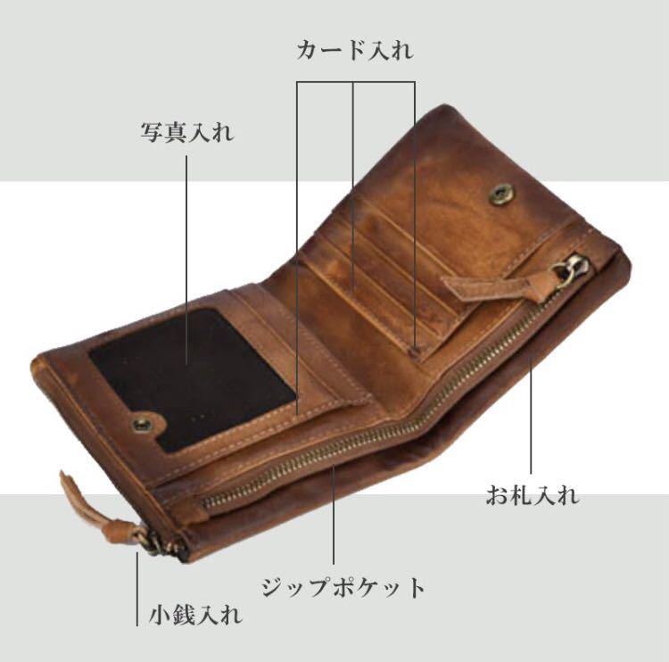 ミニ財布 新品 メンズ 財布 二つ折り 本革 牛革 プレゼント ブラウン_画像3