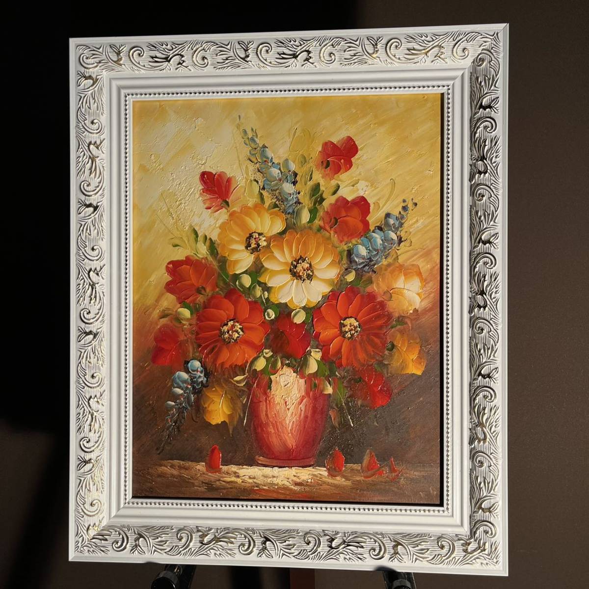 手書き油絵 花瓶の花 額付 絵画 インテリア 油彩画|静物画 手書き油絵 花瓶の花 額付 絵画 インテリア 油彩画|静物画