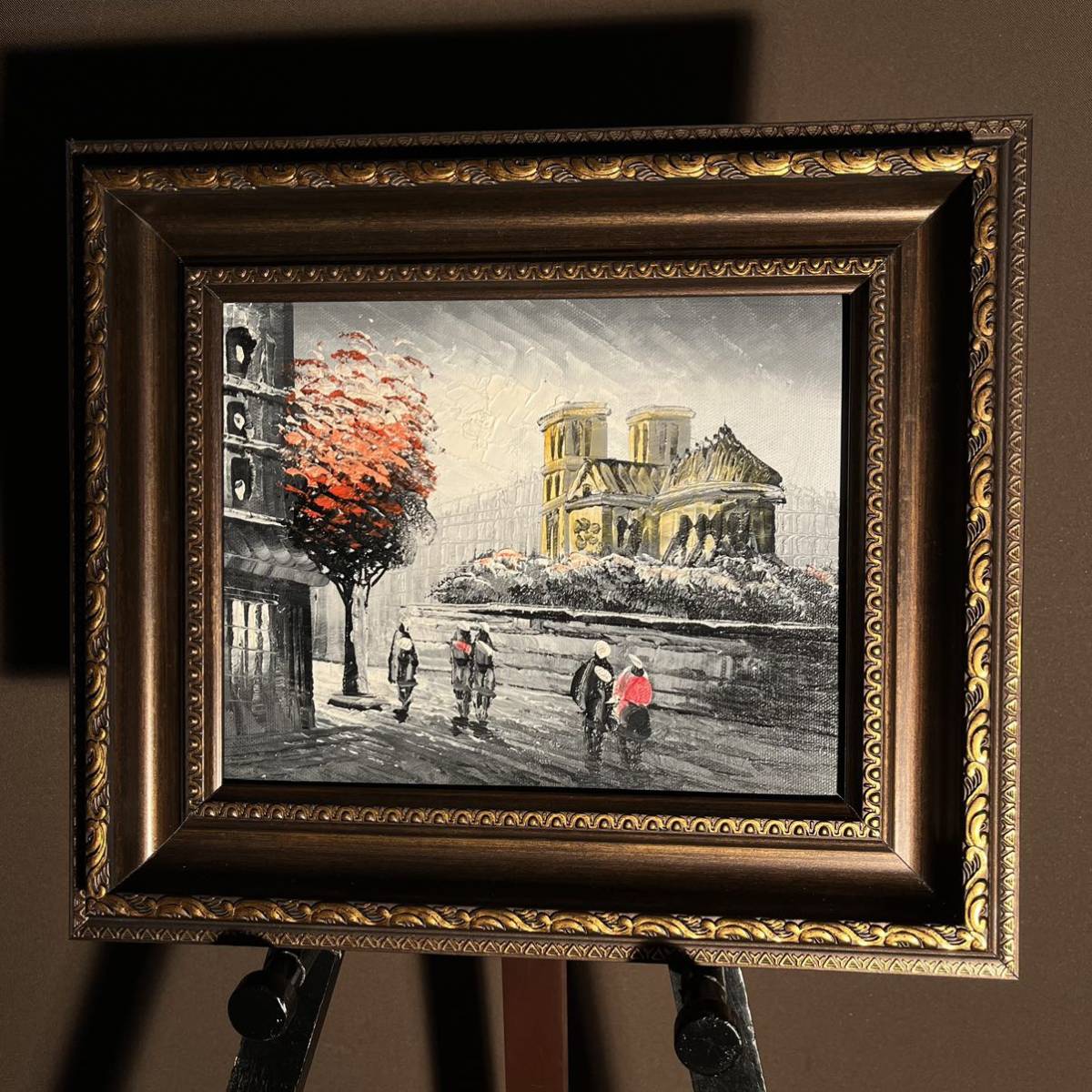 手書き油絵 パリの風景 ノートルダム大聖堂 絵画 額付き インテリア 油彩画